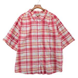 Woman Within Plaid Seersucker Tunic Top Womens Pink Roll Tab Sleeve Pocket Sz 3X